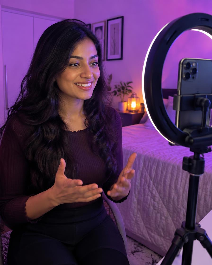 Woman hosting a video call from home with a ring light